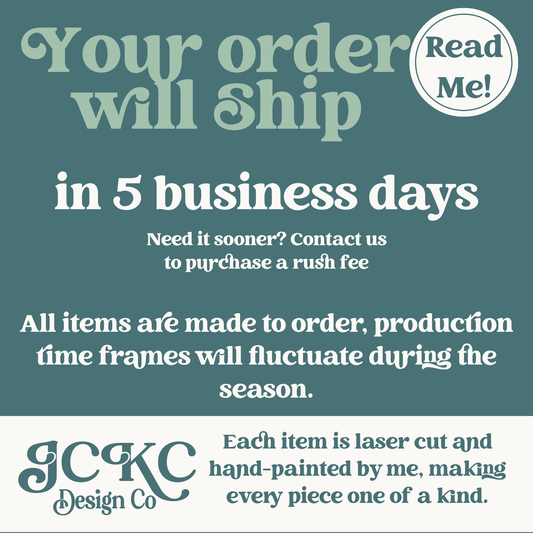 The image is a promotional poster for a company called GKC Design Co. It features a teal background with white text and logos. The text encourages customers to order items online and provides information about the company's business hours and the nature of their products.