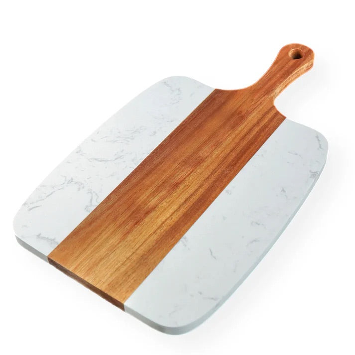 a marble and wood cutting board with a wooden handle