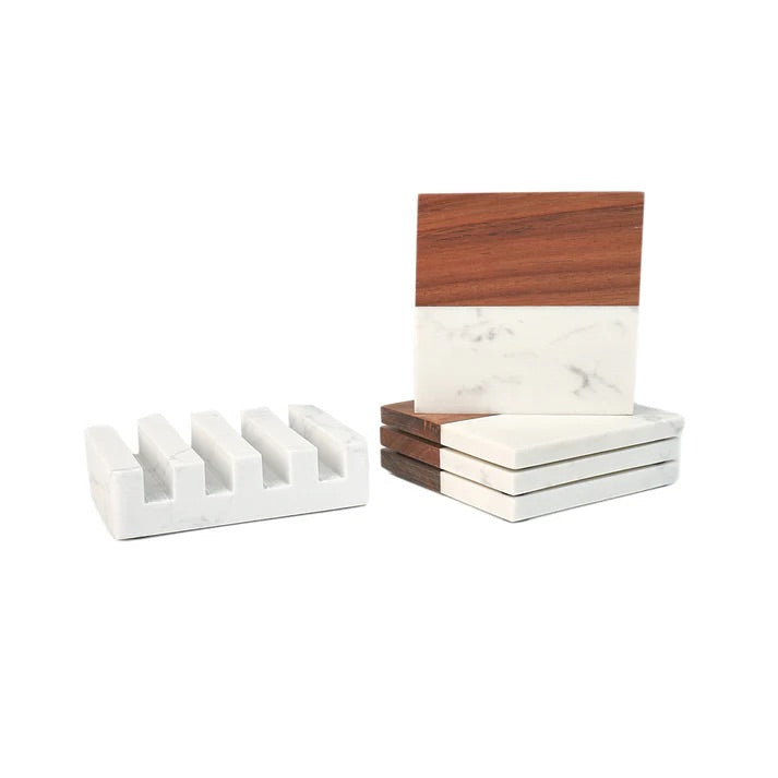 a set of four marble and wood coasters