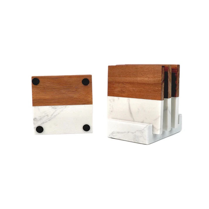 a pair of white marble and wood cufflinks