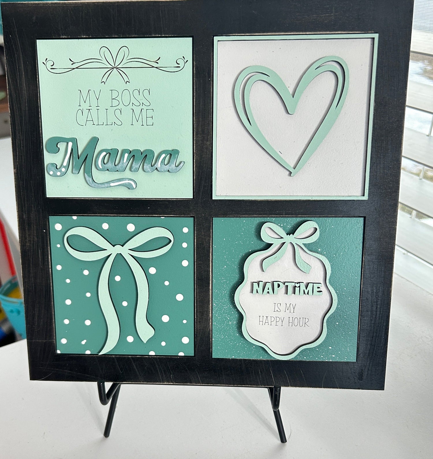 quad frame with tile 1 saying my boss calls me mama, 2 is a heart, 3 is a coquette bow, and 4 says naptime is my happy hour