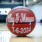 a close up of a basketball on a court