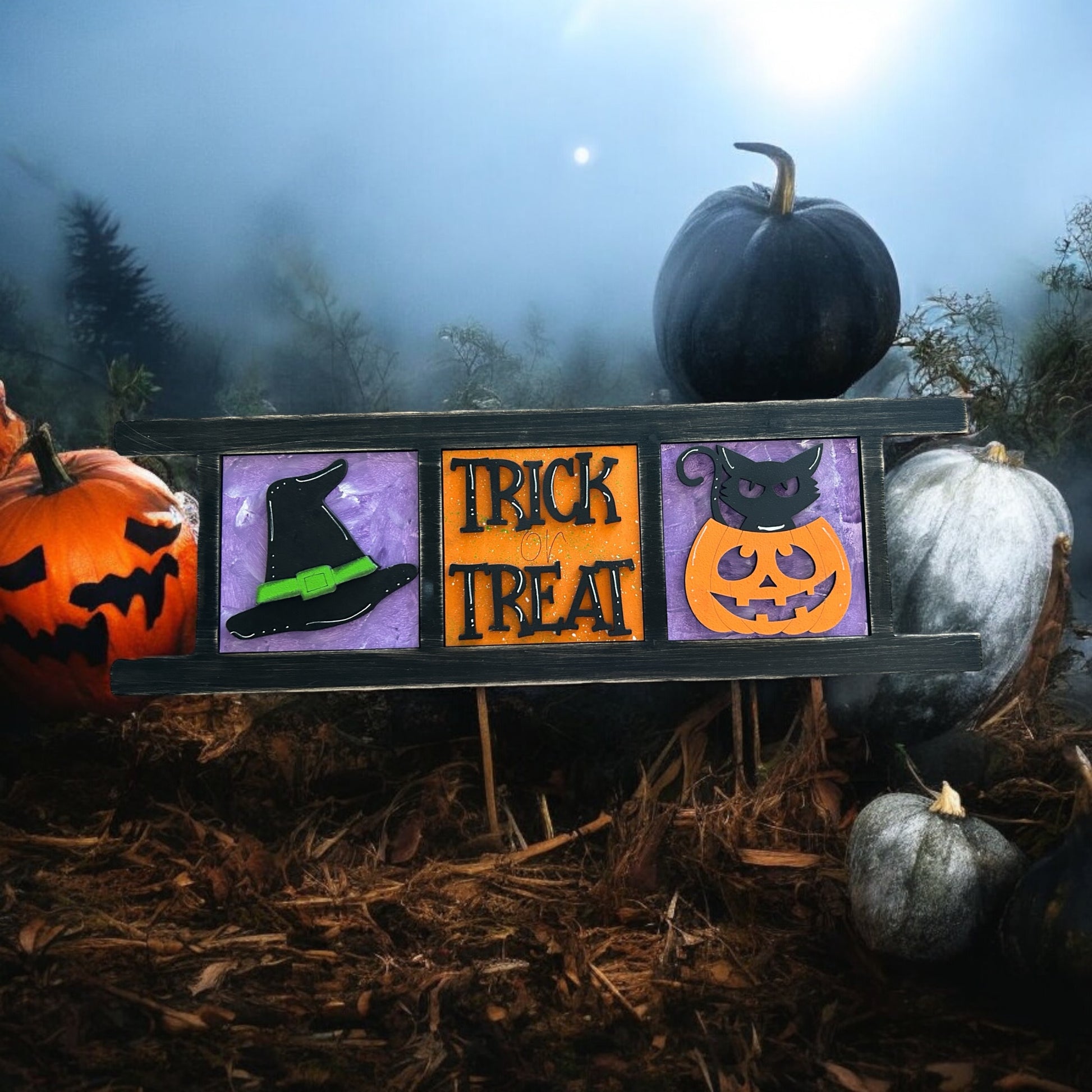 a sign that says trick treat with pumpkins and jack - o - lanterns