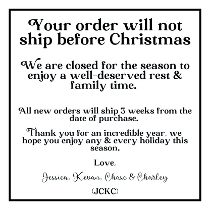 a black and white christmas card with the words, your order will not ship before