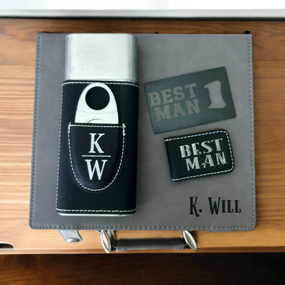 a personalized leather flask with a bottle opener