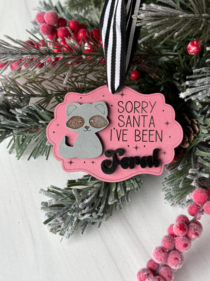 A pink ornament with a cat design and the text "Sorry Santa I've been away" is displayed among pine branches and red berries.