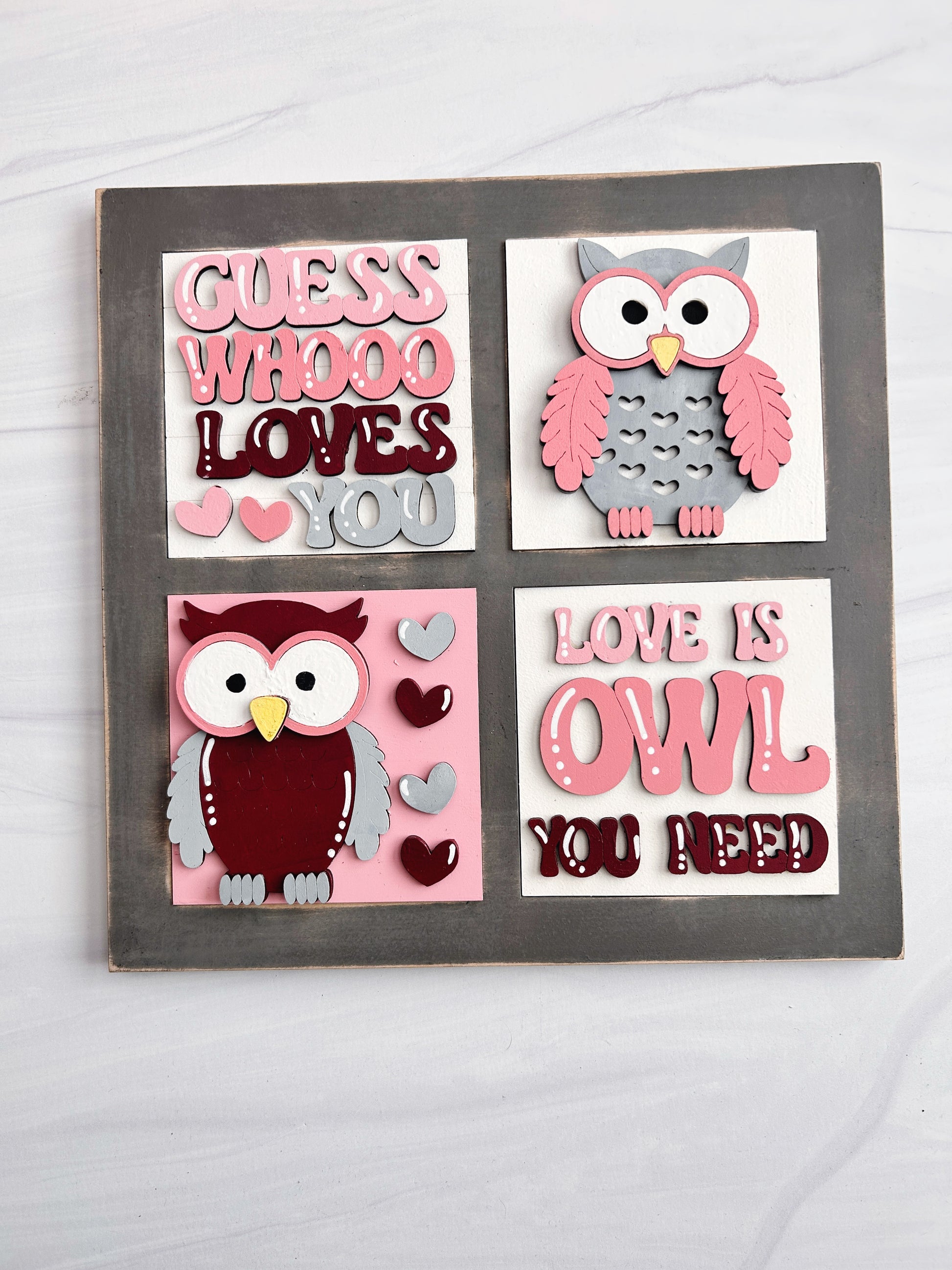 The image is a collage of four images featuring cute owl designs, each with a different message. The first image shows a pink owl with the text "Guess Who Loves You". The second image has a gray owl with the text "Love is Owl You Need". The third image has a maroon owl with the text "Guess Who Loves You". The fourth image has a gray owl with the text "Love is Owl You Need".