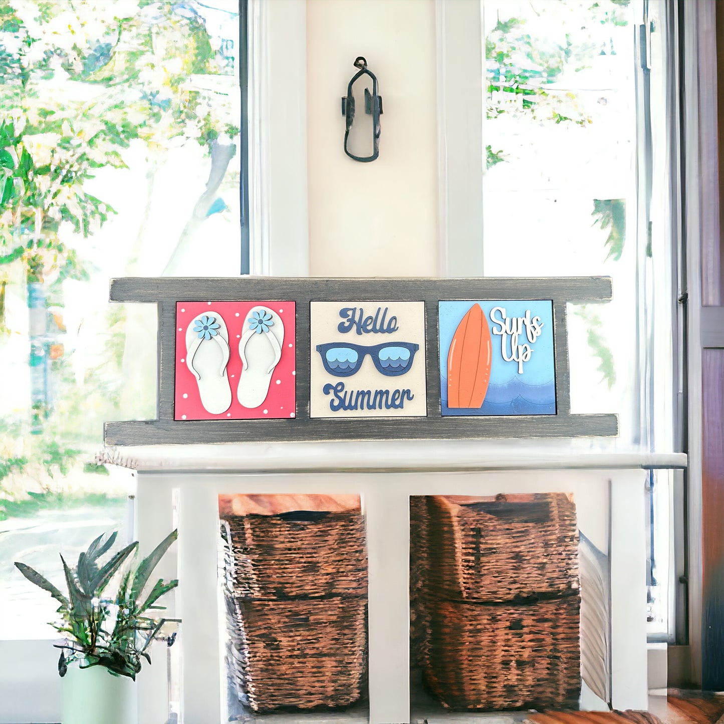 a shelf that has some pictures on it