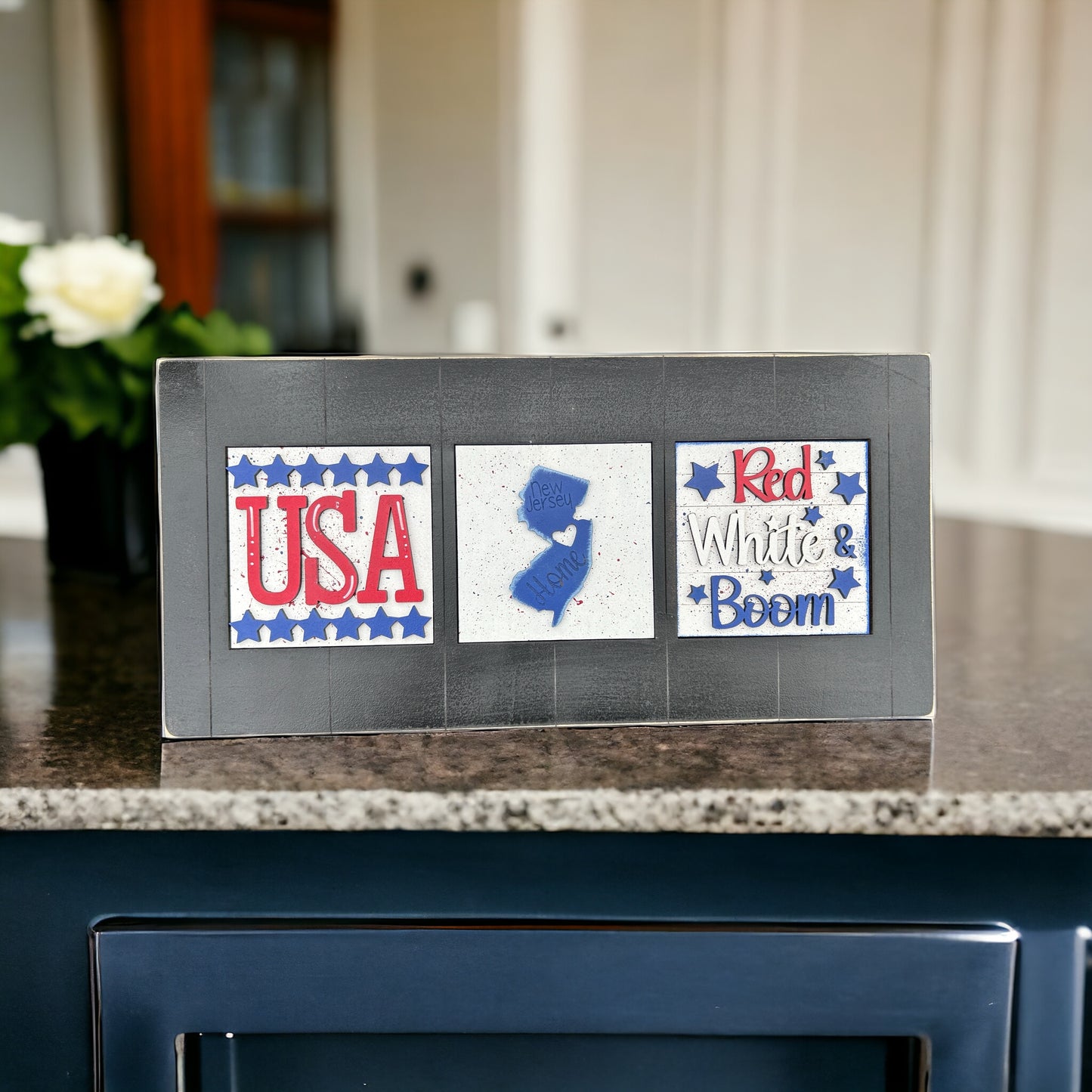 a picture of a kitchen counter with magnets on it