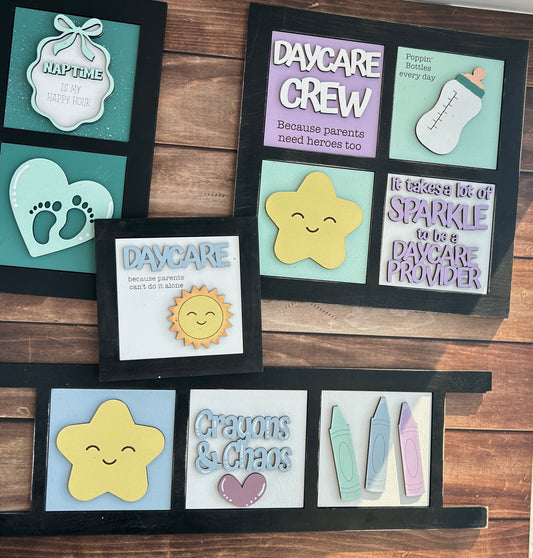 Set of colorful die-cut shapes on a wooden surface