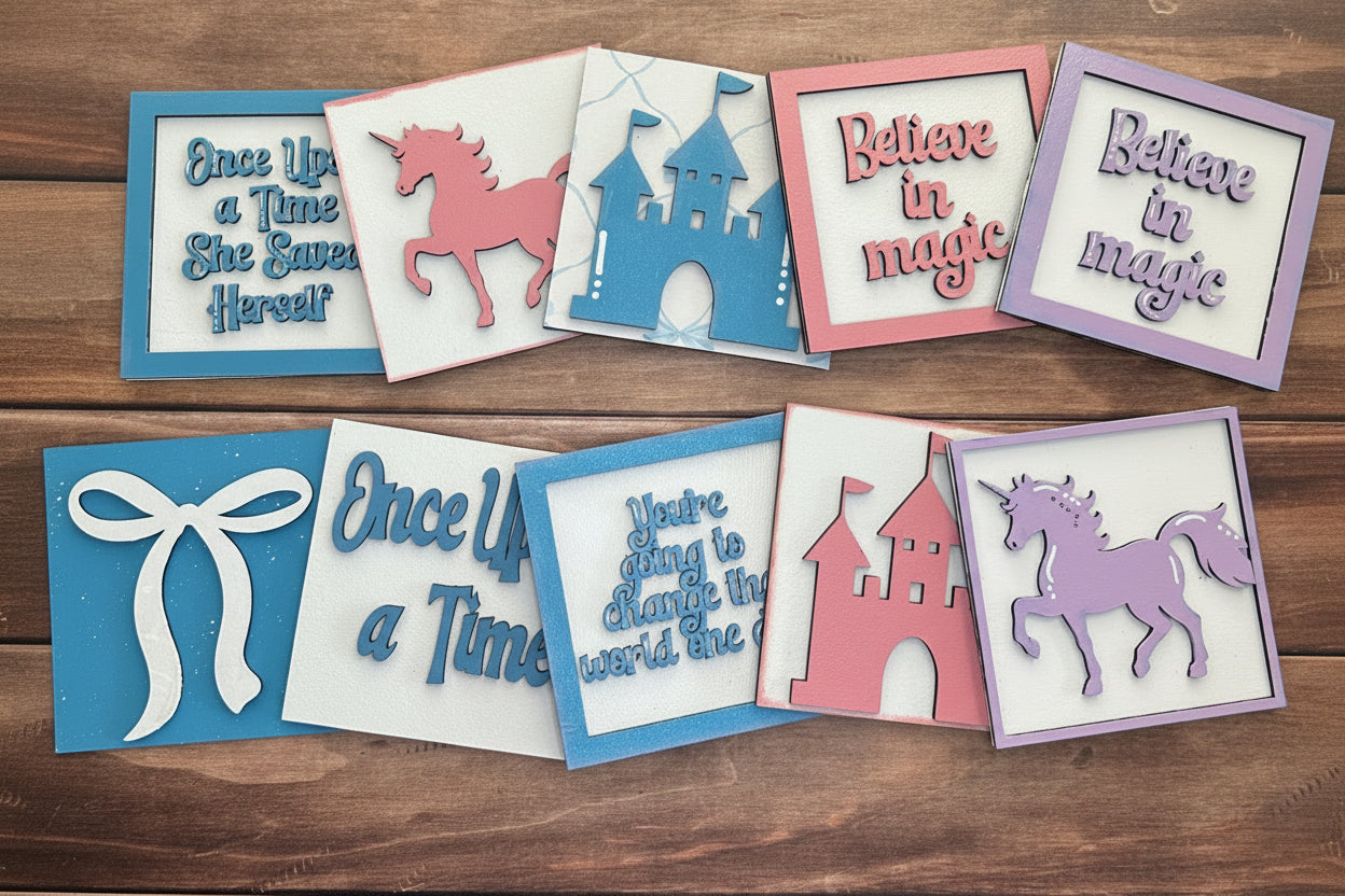 Set of die-cut cards with animal illustrations and text on a wooden surface
