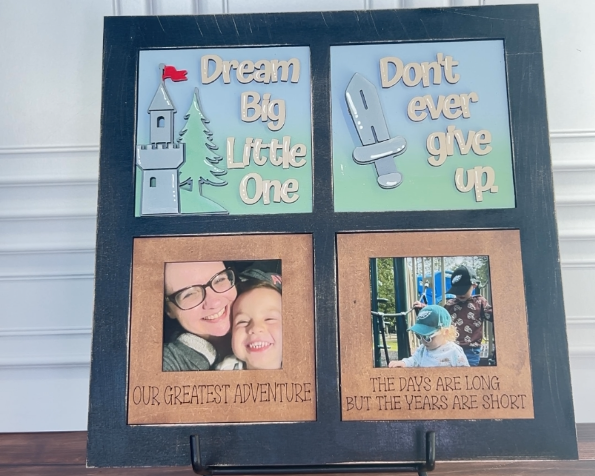 Four-photo collage frame with motivational quotes on a stand against a white wall.