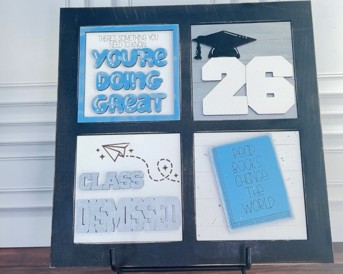 Decorative sign with text and numbers on a stand, displayed on a phone screen.