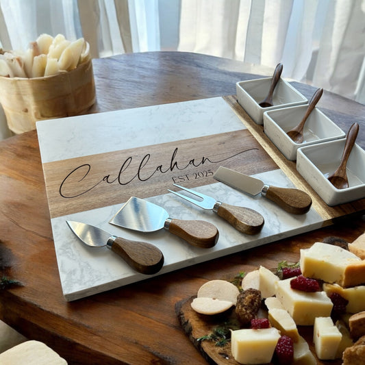 Personalized Marble & Acacia Charcuterie Board Gift Set