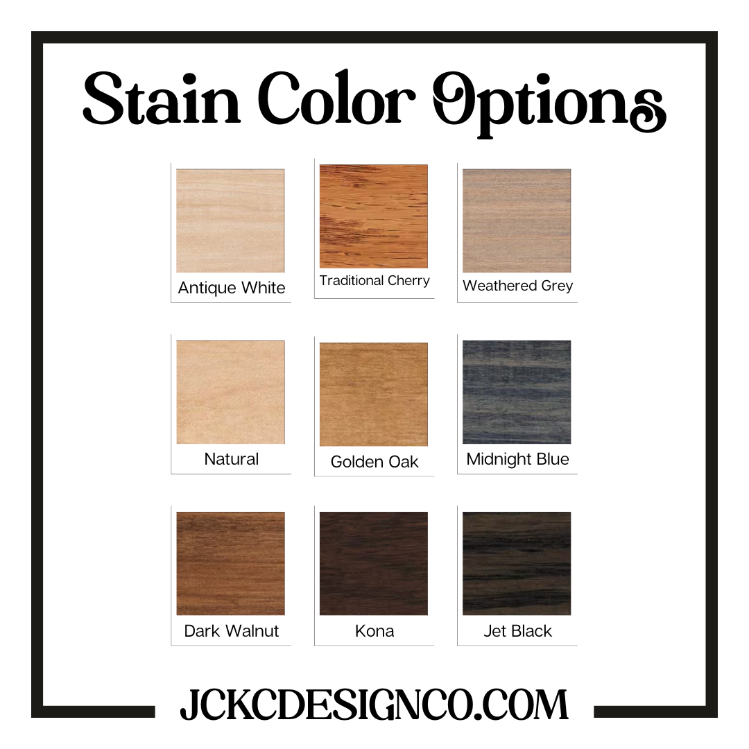 a collection of nine different stain color options for various types of wood, arranged in a grid format.