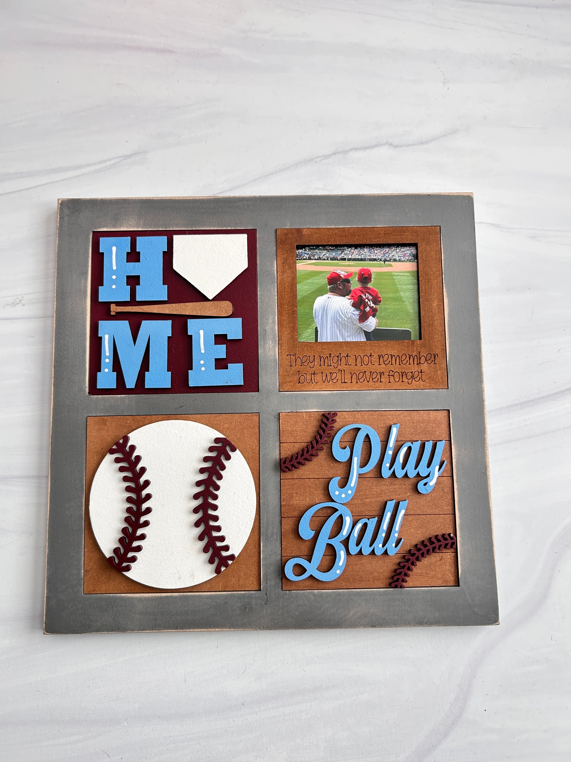 The image is a collage of four different elements, including a baseball, a baseball bat, a baseball, and the words "Home" and "Play Ball".
