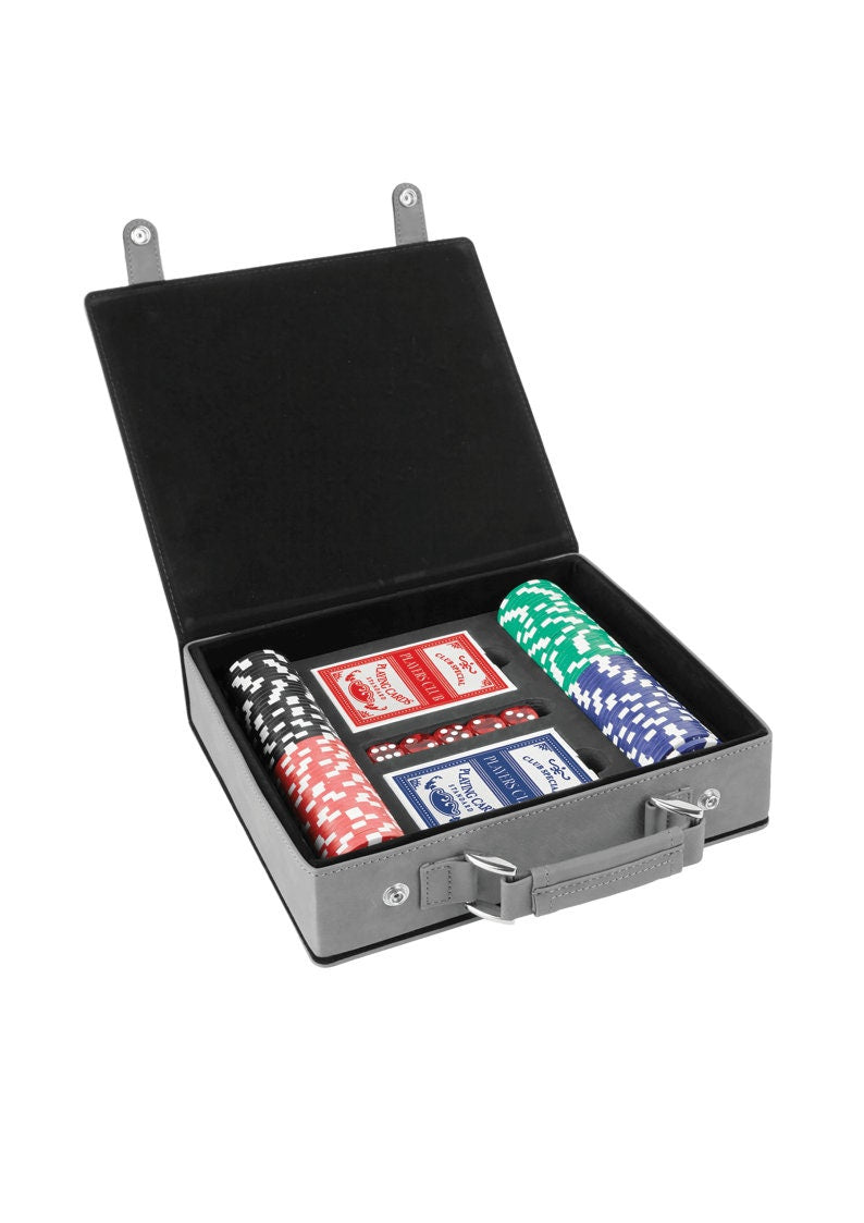 a black case with four poker cards in it